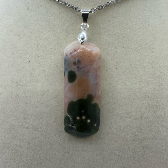 Long Rectangular Ocean Jasper Pendant on Stainless Steel Chain - Picture 2 of 8